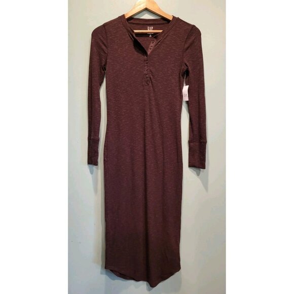 New Gap Brown Rib Knit Henley Long Sleeve Midi Dress Sz XS - Picture 1 of 8